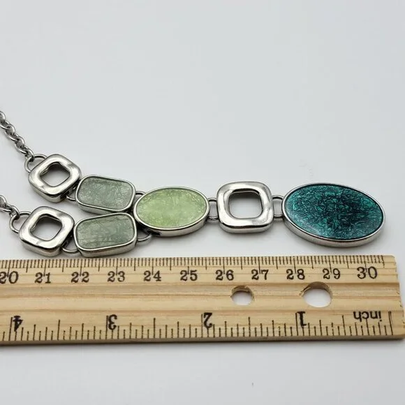 Napier Silver Tone Green Enamel Y-Drop Necklace Faux-Gem Art Deco 19" Adjustable - Picture 6 of 6